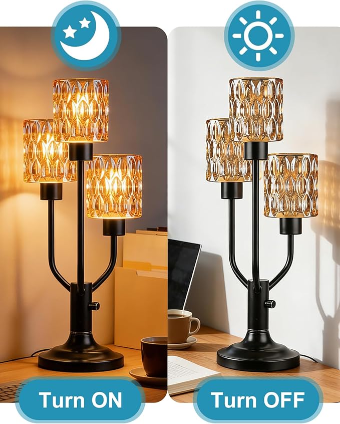 Lightdot Modern Glass Table Lamp Dimmable Mid Century Black Desk Lamp with Thickened Amber Glass 3 Bulbs Included 3000K Warmwhite Nightstand Lamp for Bedroom Bedside End Table