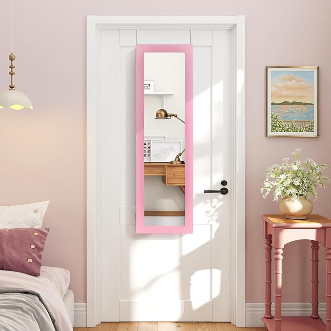 COSTWAY Full Length Mirror Jewelry Armoire, Wall Door Mounted Jewelry Cabinet Organizer with Makeup Mirror, Ring Slots and Necklace Hooks for Bedroom, Dressing Room (Pink)