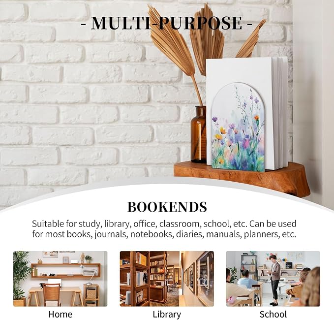 Blue Spring Flowers 2 Pack Decorative Bookends 6.7x4.2 in, Watercolor Leaves Book Ends for Home Office Library Shelves Decor Room Kitchen Desktop