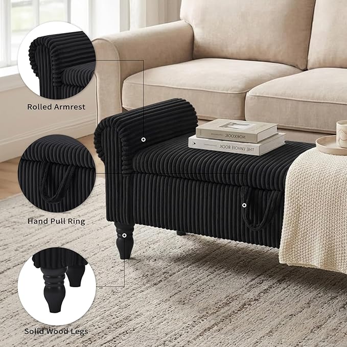 Storage Bench for Bedroom, Ottoman with Storage, Upholstered Ottomans Benches with Rolled Arms for Bedroom End of Bed, Living Room, Entryway (Corduroy/Black)
