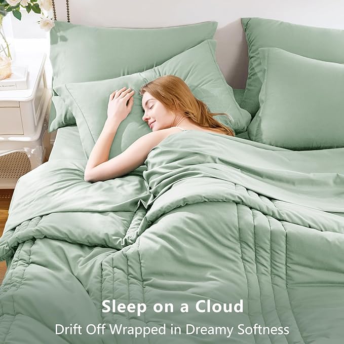 CozyLux King Size Comforter Sets - 7 Piece Bed in a Bag Sage Green Comforter Set with Sheets Luxury Bed Set All Seasons, Soft Bedding Set with Down Alternative Comforter, Sheets, Pillowcases & Shams