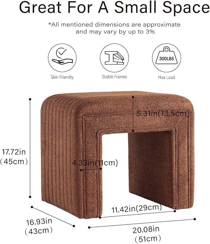 Get Set Style Vanity Stool Chair,Modern Boucle Ottoman Foot Stool with Wooden Legs Sofa Bench Footstool Extra Seat for Vanity,Makeup Room,Living Room,Entryway,Office (Fully Assembled) (Brown)