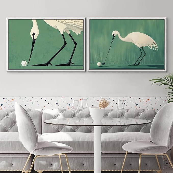 SIGNWIN Framed Canvas Print Wall Art Set Funny Crane Playing Golf Whimsical Bird Illustrations Modern Art Rustic Minimal for Living Room, Bedroom, Office - 16"x24"x2 White