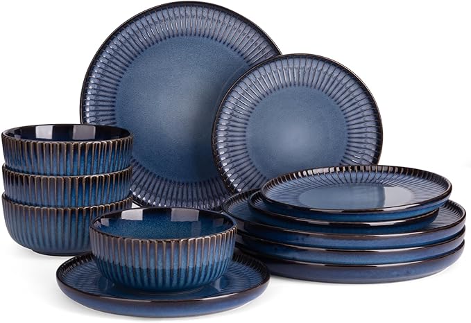 Famiware Starlight 12-Piece Plates and Bowls Sets for 4, Stoneware Dinnerware with Ribbed Textured, Handcrafted Reactive Glaze Dishes - Dishwasher & Microwave Safe, Chip/Scratch Resistant, Starry Blue