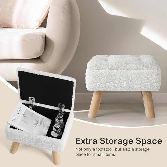 OGEMXU Storage Ottoman, Small Foot Stool Ottoman with Storage, Boucle Teddy Velvet Foot Rest with Padded Seat, Sturdy Wood Legs Stool for Living Room, Bedroom, Couch, Enterway (Cream)