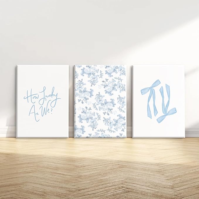 Blue Bow Wall Art Floral Canvas Wall Decor Coquette Flower Wall Art Trendy Aesthetic Poster Girly Preppy Pictures Blue Floral Prints for Living Room Bathroom 16x24 Inch Framed Set of 3