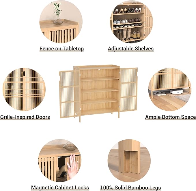 Shoe Cabinet, 20 Pair Farmhouse Shoe Organizer Cabinet, Freestanding Bamboo Wood Shoe Storage Cabinet with Grille Doors, 5-Tier Narrow Shoe Cabinet for Entryway Hallway, Natural