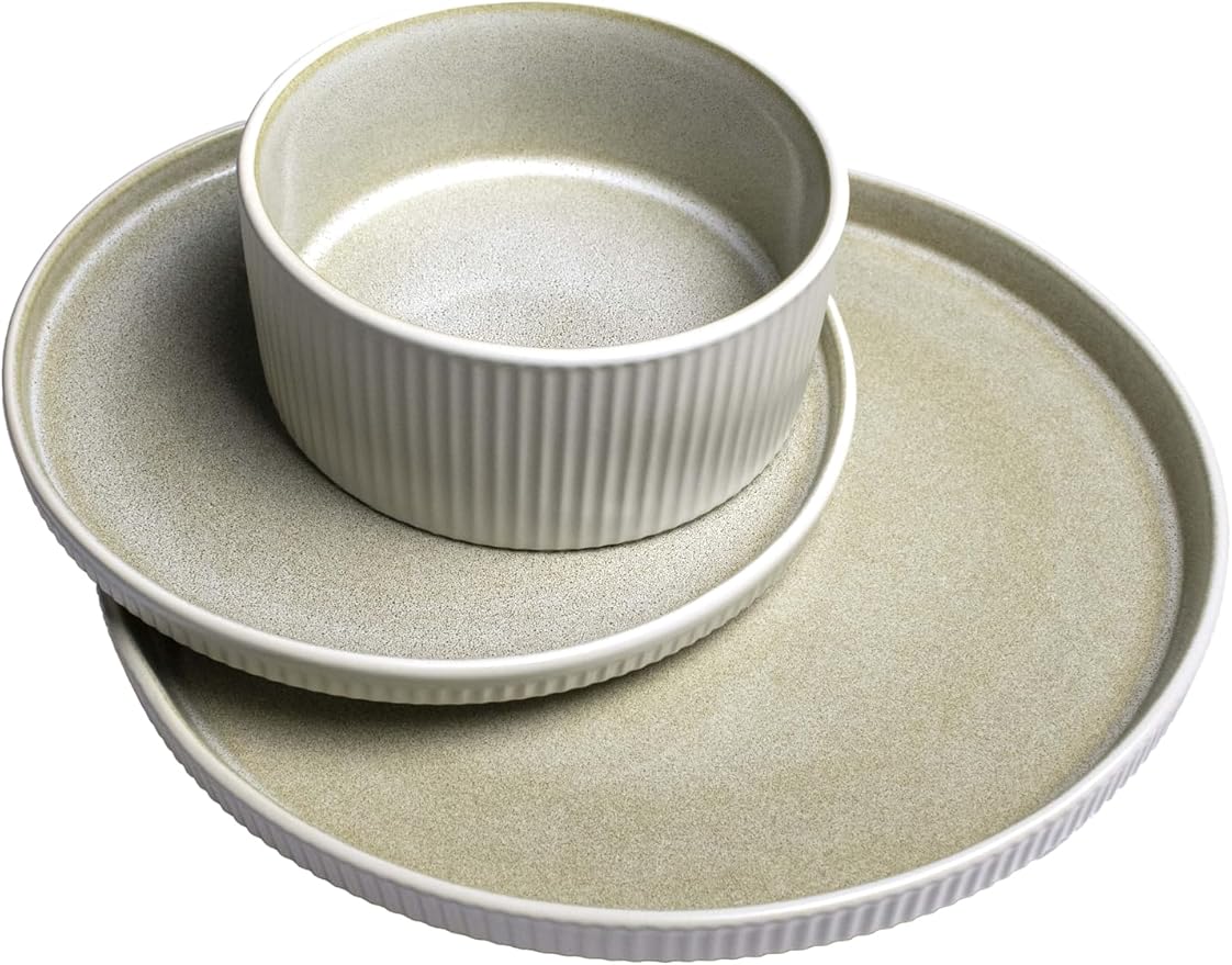 Sango 12 Pieces Stoneware Fluted Dinnerware Set, Modern Cream Dishes for 4, Premium Serving Plates and Bowls Sets, Chip & Scratch Resistant, Ceramic Kitchen Dish, Microwave & Dishwasher Safe, Anderson