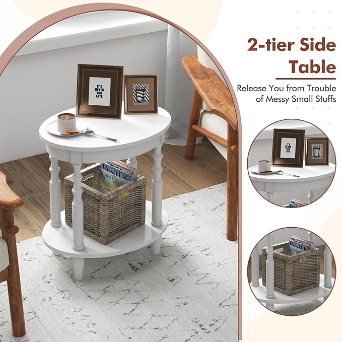 Giantex Oval End Tables Set of 2, 2-Tier Side Tables with Storage Shelf & Solid Wood Legs, Modern Living Room Accent Table, Wood Nightstand for Bedroom, Small Space, 20.5"L x 15.5"D x 24.5"H, White