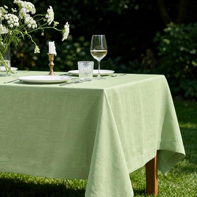 Solino Home Linen Tablecloth 60 x 90 Inch - 100% Pure Linen Laurel Green Table Cloth for Rectangle Tables - Fete, Machine Washable Tablecloth for Summer