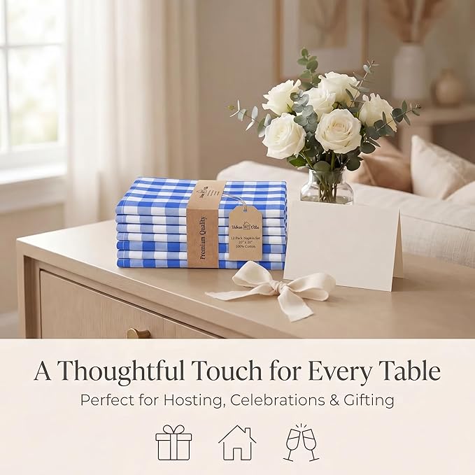 Urban Villa Cloth Napkins 100% Cotton Highly Absorbent Washable Durable Reusable Premium Dinner Napkins Ideal for Gifts for Mothers Day Hotel Farmhouse Parties - Blue/White (20" x 20", Set of 12)