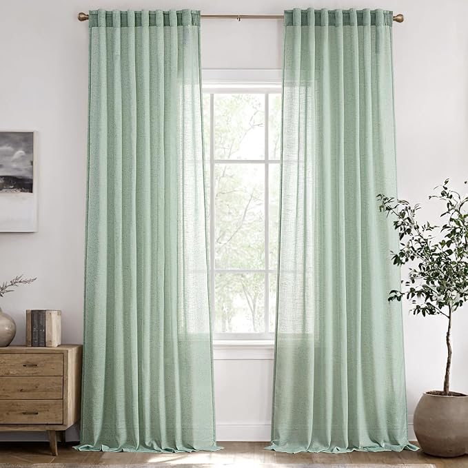 ANRODUO Sage Green Linen Curtains 96 inches Long 2 Panels for Bedroom Living Room Back Tab Semi Sheer Privacy Linen Burlap Drapes Pale Green Neutral Modern Long Curtains for Sliding Glass Door
