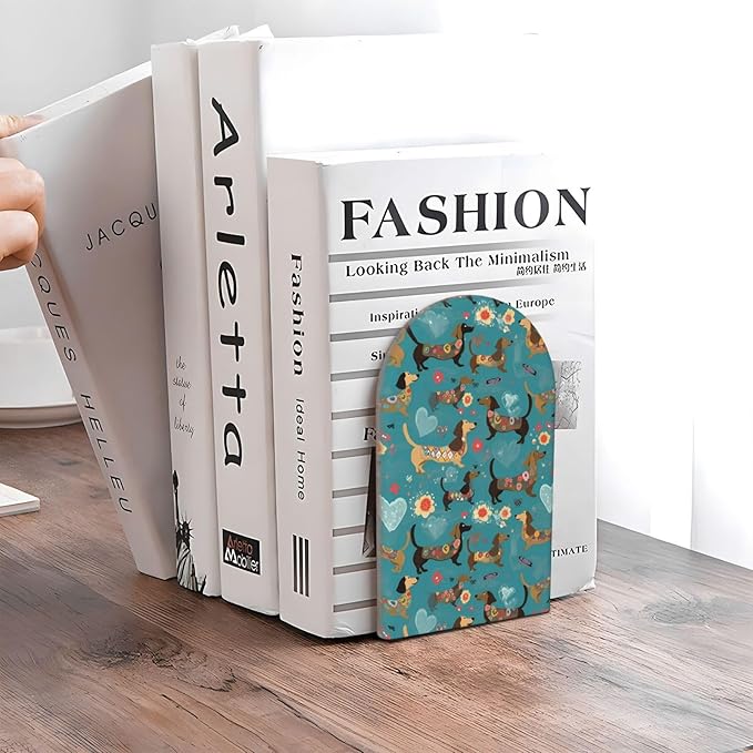 Cartoon Dachshund Dog L-Shaped Book Ends 1 Pair Wood Bookends Book End Supports for Heavy Book Shelf Holder Home Decorative