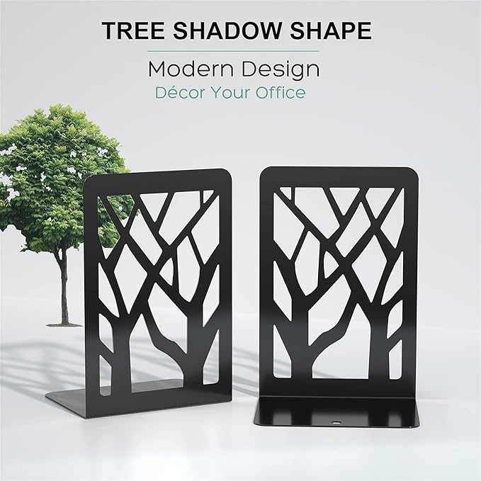 MaxGear Book Ends Tree Design Modern Bookends for Shelves, Non-Skid Bookend, Heavy Duty Metal Book Stopper for Books/CDs, Decorative Books Shelf Home, 7 x 4.7 x 3.5”, Black, 8 Pair/16 Pieces, Large