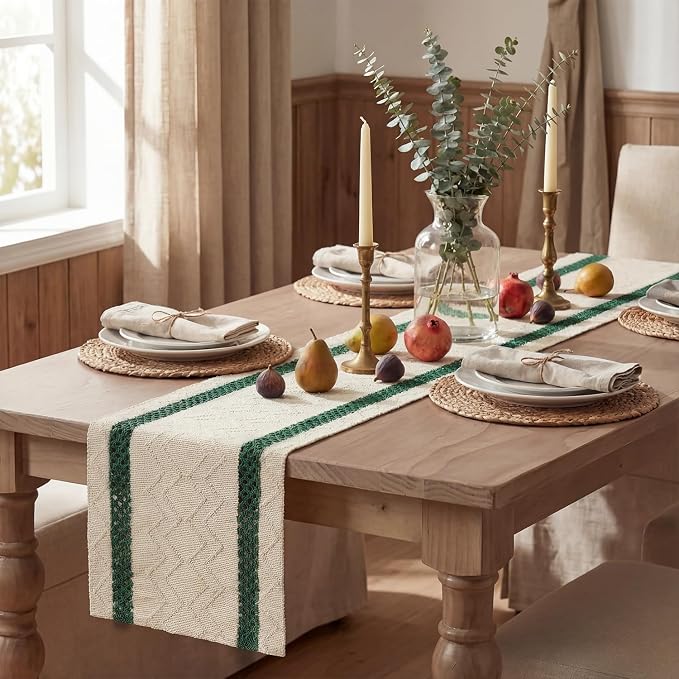 Artoid Mode Forest Green Stripe Woven Table Runner, Seasonal Holiday Hollow Kitchen Dining Table Decoration for Home Party Decor 12x120 Inch