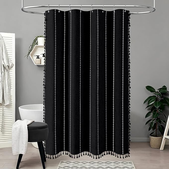 BTTN Stall Fabric Shower Curtain - 54x72 Inches Boho Linen Weighted Striped Shower Curtain Set with 10 Hooks, Narrow Rustic Modern Farmhouse Neutral Thick Shower Curtains for Bathroom， Black and White