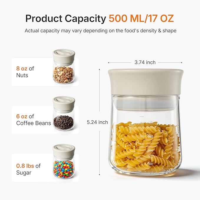 2-Pack Upgraded Airtight Glass Storage Jar with Rotary Lid, 17oz Coffee Grounds Container with Silicone Seal, Wide Mouth Mason Jar for Coffee Beans, Nuts, Tea, Overnight Oats, Jams, Pickles