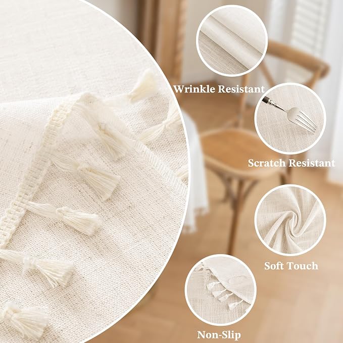 Alsoo Tablecloth Round Table 55" x 55" Linen Look Texture Cotton Tablecloth Waterproof Wrinkle Free Heavy Duty Tables Cover with Tassel for Kitchen Dining Holiday Party, Ivory