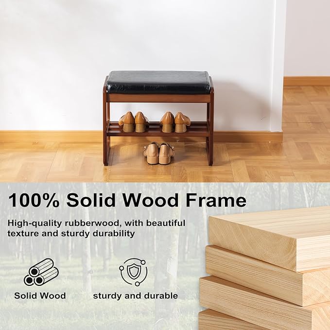 Solid Wood Shoe Bench, 2-Tier Wooden Entryway Bench, Modern Shoe Rack with Faux Leather Cushion for Hallway, Living Room (Black, 21.65'')