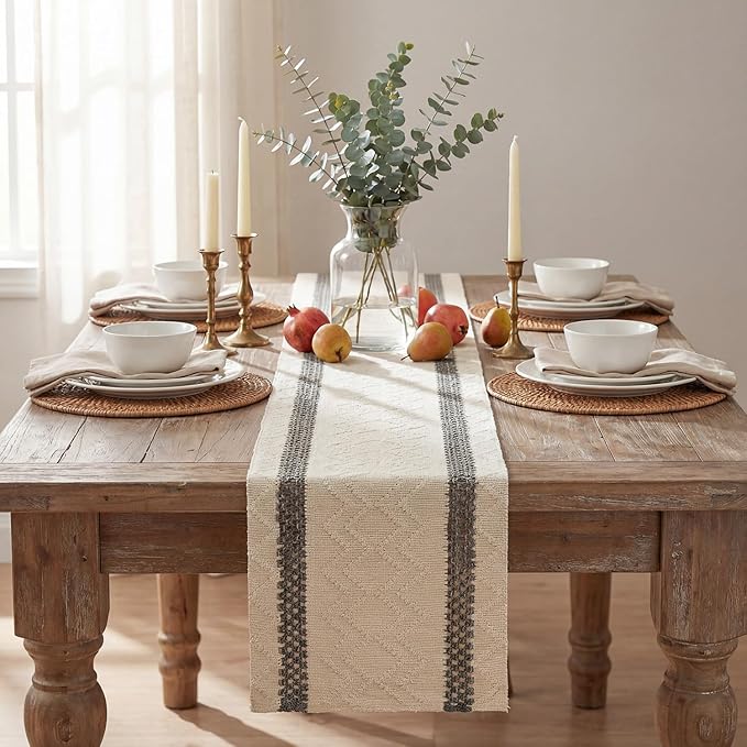 Artoid Mode Dark Grey Stripe Woven Table Runner, Seasonal Holiday Hollow Kitchen Dining Table Decoration for Home Party Decor 12x48 Inch