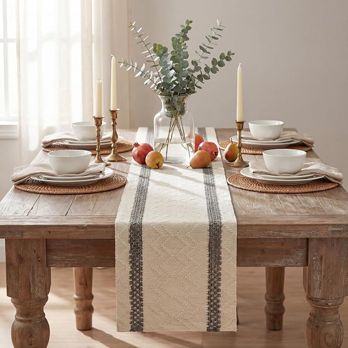 Artoid Mode Dark Grey Stripe Woven Table Runner, Seasonal Holiday Hollow Kitchen Dining Table Decoration for Home Party Decor 12x72 Inch