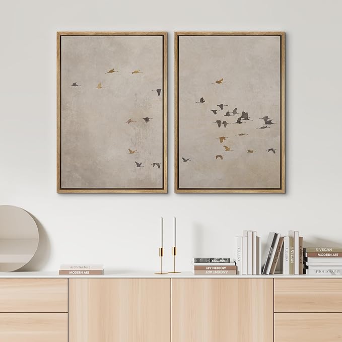 SIGNWIN Framed Canvas Print Wall Art Set Flying Birds Silhouette Minimalist Beige Illustrations Modern Minimal Decorative for Living Room, Bedroom, Office - 24"x36"x2 Natural