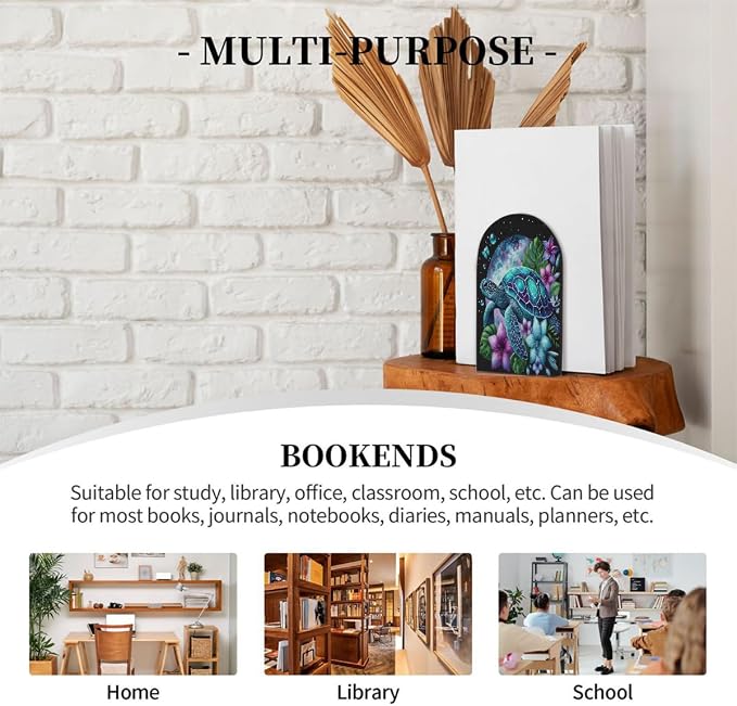 Galaxy Animal Turtle 2Pcs Book Ends for Shelves Non-Skid Wood Bookends Decorative Back to School Books Holders Book Stoppers Bookshelf Accessories for Desk Home Office School Decor (1 Pair)