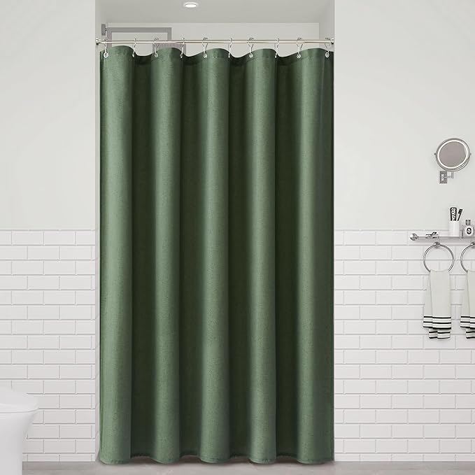 Naturoom 54 Inch Shower Curtain - Stall Narrow Half Green Linen Ultra Thick Fabric Shower Curtain Set with Hooks, Boho Farmhouse Rustic RV Camper Bath Curtains for Bathroom, Olive Green, 54x78