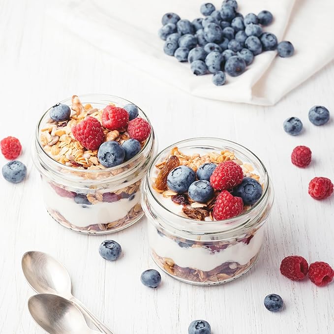 SHOWIN Overnight Oats Containers with Lids, 10oz Glass Jars with Lids 4 pcs, Wide Mouth Mason jars for Salad, Yogurt, Snacks, Meal Prep