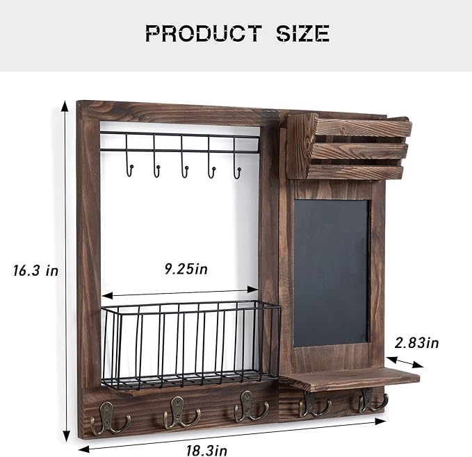 Key Holder for Wall, Mail Organizer Wall Mount with 5 Hooks and Shelf, Home Decorative with 5 Double Hooks and Chalkboard for Home Coat/Letter/Dog Leash/Entryway/Hallway/Living Room Decor