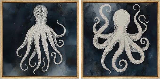SIGNFORD Framed Canvas Print Wall Art Set Nautical Octopus Illustration Dark Blue Ocean Coastal Modern Art Relax/Calm for Living Room, Bedroom, Office - 16"x16"x2 NATURAL