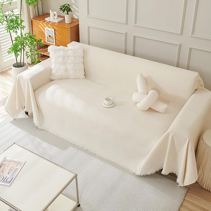 DREAMINGO Sofa Covers Washable Thick Chenille Couch Cover for 2 Cushion Couch Sofa Multi-Use Couch Cover Blanket Modern Pet Furniture Protector Sectional Couch Slipcover 71"x118", Beige White