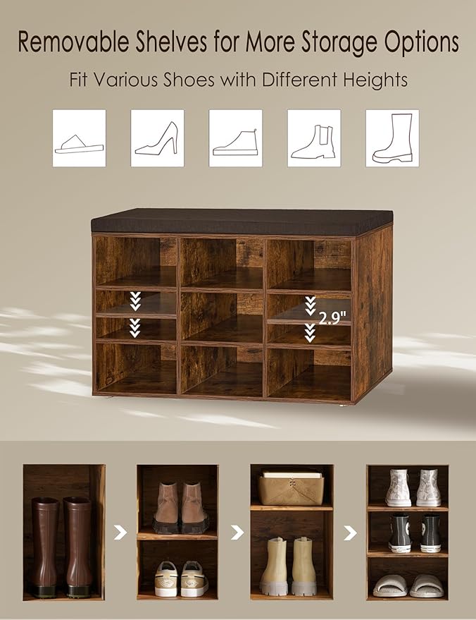 DINZI LVJ Shoe Storage Bench with Cushion, Cubby Rack with 9 Cubbies, Adjustable Shelves, Multifunctional Organizer Bench for Entryway, Mudroom, Hallway, Closet and Garage, Rustic Brown