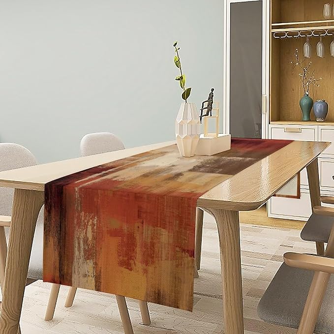 Burnt Orange Abstract Art Contemporary Table Runner,Modern Neutral Decorative Pattern Table Runner for Coffee Table Dining Room Table Bedroom Party Holiday Decor 13x90inch