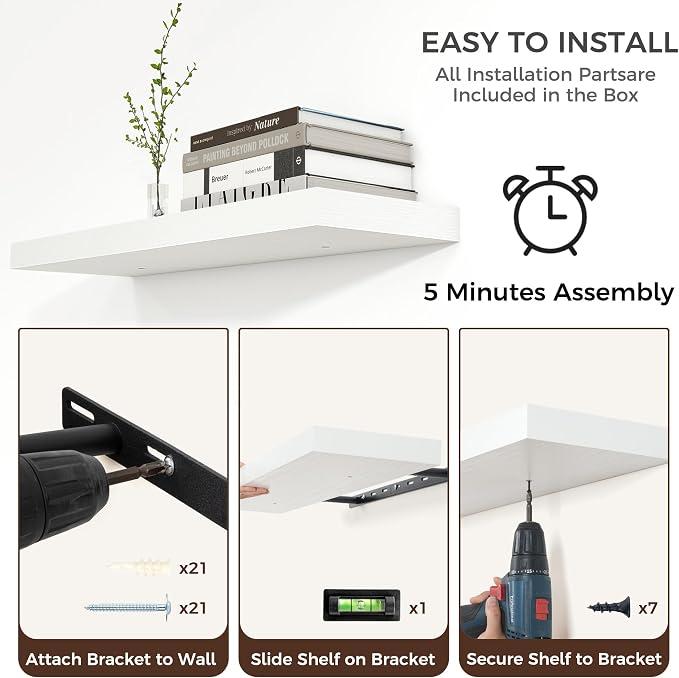 Venusmiles Floating Shelves for Wall 48 inch Long, Engineered Wood Wall Shelves with Invisible Brackets for Living Room Bedroom Bathroom Office Kitchen Decor and Storage, White Finish, Set of 2