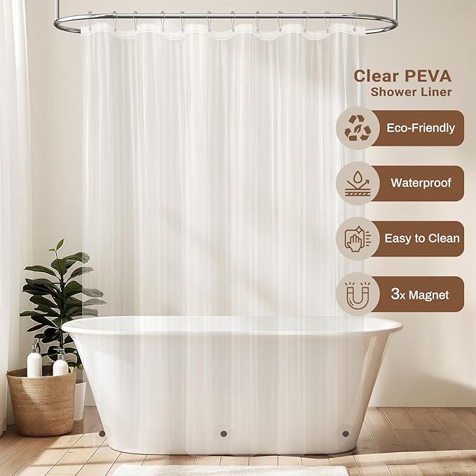 BTTN 3 in 1 Shower Curtain with Liner, 84 Extra Long Boho Linen Striped Cloth Shower Curtain Set with Hook, Tall Farmhouse Bohemian Cute Waterproof Fabric Shower Curtain for Bathroom, White, 72x84