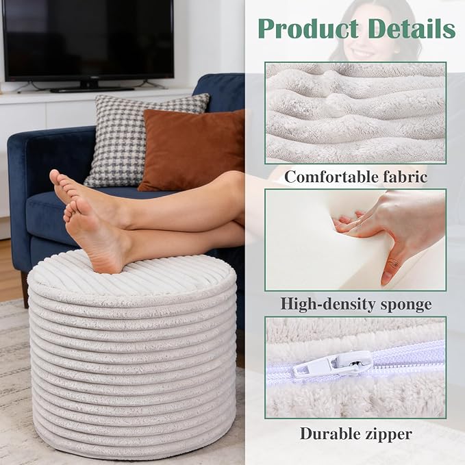 Round Pouf Ottoman, Stuffed Floor Pouf with Foam Chunk Filling, Soft Coral Fleece Furry Foot Rest Stool, Multi-Use Ottoman for Living Room, Wide Stripe Boho Decor, White