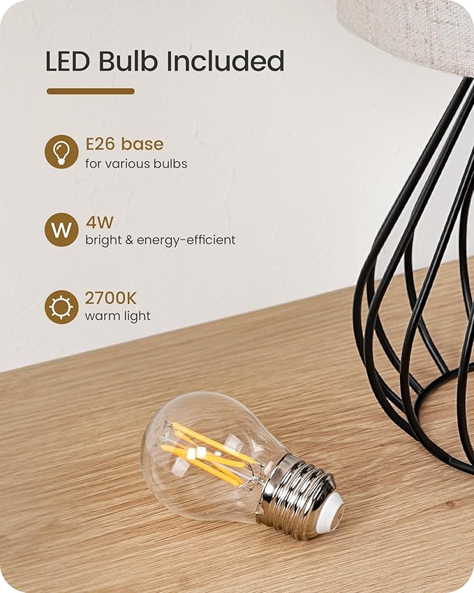 Small Bedside Table Lamp, Black Table Lamp with Metal Cage & Linen Lampshade, Modern Cute Desk Lamp, Cozy Nightstand Lamp for Bedroom, Living Room, Office, 2700K LED Bulb Included, E06TL05