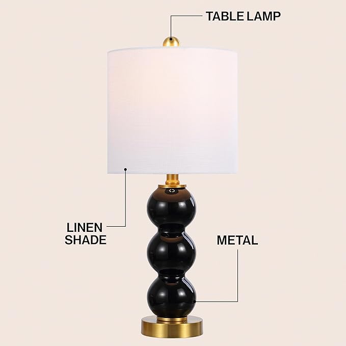 JONATHAN Y 21" Black/Brass Gold Glass Table Lamp for Bedroom and Living Room, White Linen Shade, Modern Stacked Sphere Bedside Lamp, LED Bulb Included (JYL1021E)