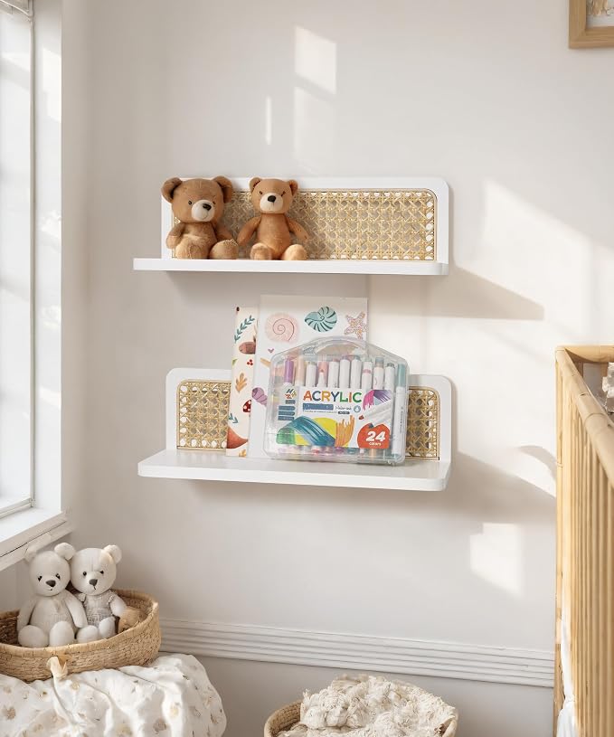 Rattan Wall Shelf 16inch Set of 2, Handmade White Floating Shelves Boho Wall Decor, Rustic Wood Cute Wall Mounted Storage Shelves for Living Room Nursery Bedroom