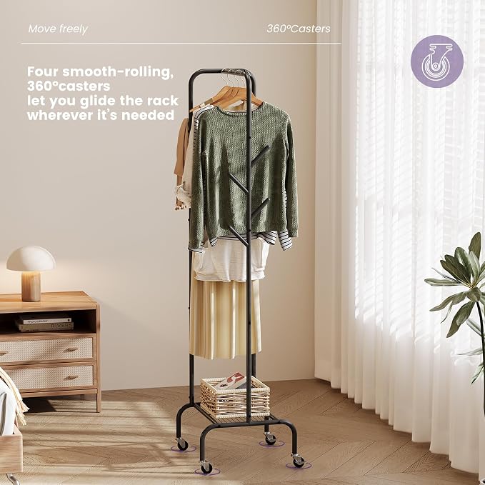 Modern Bamboo Coat Rack, Freestanding with 2 Shelves, 5 Hooks, Rotating Design, Heavy Duty Stand for Entryway, Living Room, 72x24x24 Inches (Black)