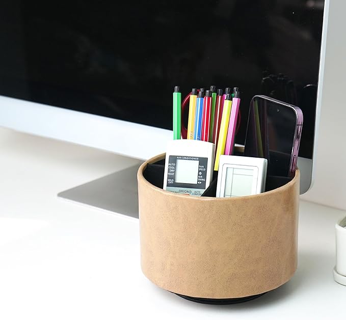 Round Leather Art Supply Organizer,Remote Control Holder,360 Degree Spinning,Multi-Functional Pencil Holder,4 Compartments Desktop Stationary Organizer(1-Oil Yellow)