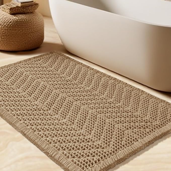 Upgrade Waffle Bath Mat, Boho Bathroom Rugs Absorbent Non Slip, Ultra Soft Bathroom Mat, Machine Washable Knit Bath Rugs with Herringbones for Bathroom, Bedroom, Kitchen, Shower, Tub,32"x20", Beige