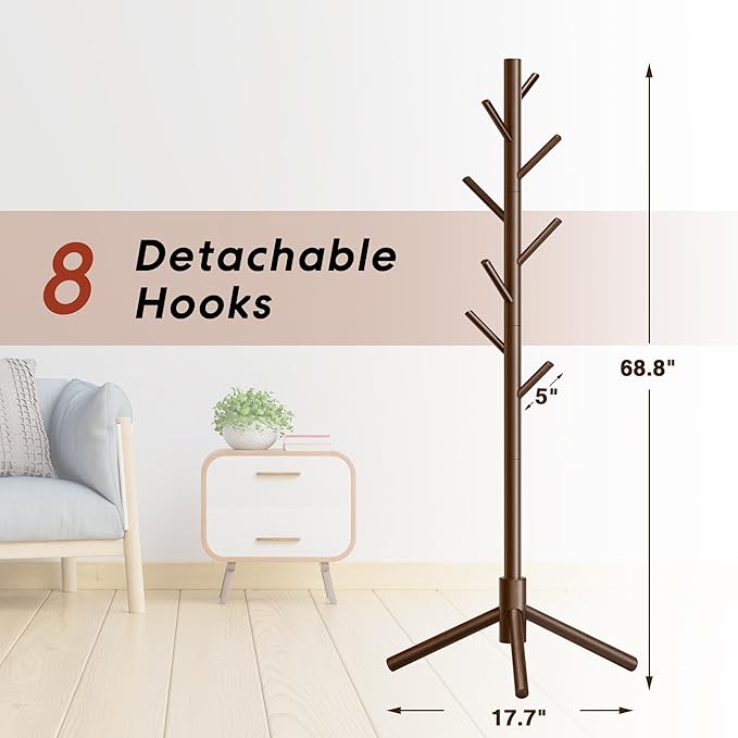 Coat Rack, Coat Racks Freestanding with 8 Hooks 3 Adjustable Heights for Clothes, Hats, Handbags, Coat Tree Easy Assembly for Entryway, Bedroom, Hallway, Office(Brown 2PCS)