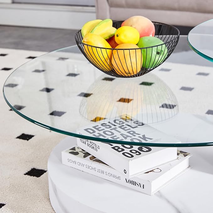 42" Glass Coffee Table, Round Coffee Table, Modern Double Layer Round Glass Coffee Table for Living Room, White