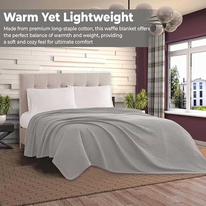 100% Cotton Blankets for Bed - Waffle Weave Blankets for Summer, Lightweight and Breathable Soft Woven Blanket for Spring (Light Grey, Queen (90" x 90"))