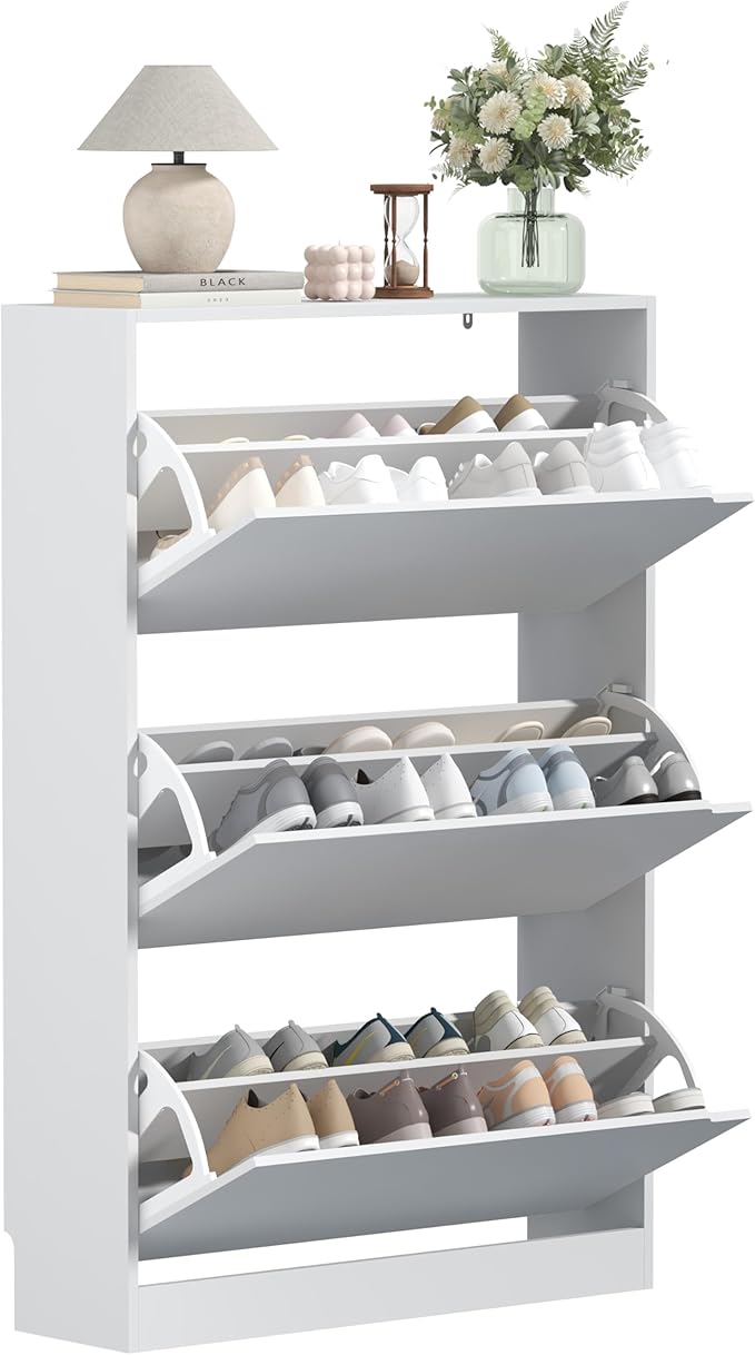 Wodeer Shoe Storage Cabinet with 3 Flip Drawers, Slim Hidden Wood Shoe Cabinet Storage for Entryway, Freestanding Narrow Shoe Rack Organizer with Adjustable Shelves for Foyer, Hallway, White