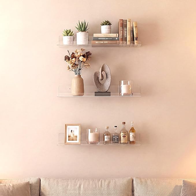 RLAVBL 8 Pack Acrylic Shelves, 15" Floating Wall Shelves for Bedroom, Living Room, Bathroom, Kitchen Storage