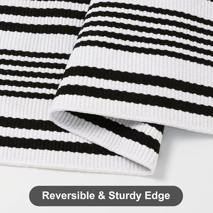 Outdoor Rug Front Door Mat 2'x4.3', Cotton Indoor Doormat Washable Black and White Striped Rug, Foldable Reversible Layered Door Mats for Entryway/Farmhouse/Home Entrance