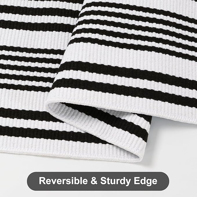 Black and White Striped Rug 2.3'x3.6', Reversible Outdoor Front Door Rug Hand Woven Washable Welcome Mat, Layered Doormat for Entryway Porch Decor Home Entrance